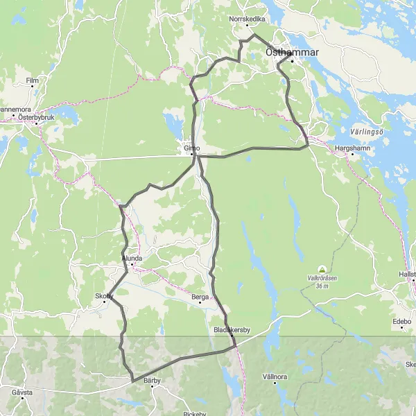 Map miniature of "Coastal Breezes and rolling Hills" cycling inspiration in Östra Mellansverige, Sweden. Generated by Tarmacs.app cycling route planner