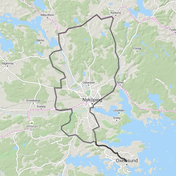 Kartminiatyr av "Bergshammar till Nyköping" cykelinspiration i Östra Mellansverige, Sweden. Genererad av Tarmacs.app cykelruttplanerare