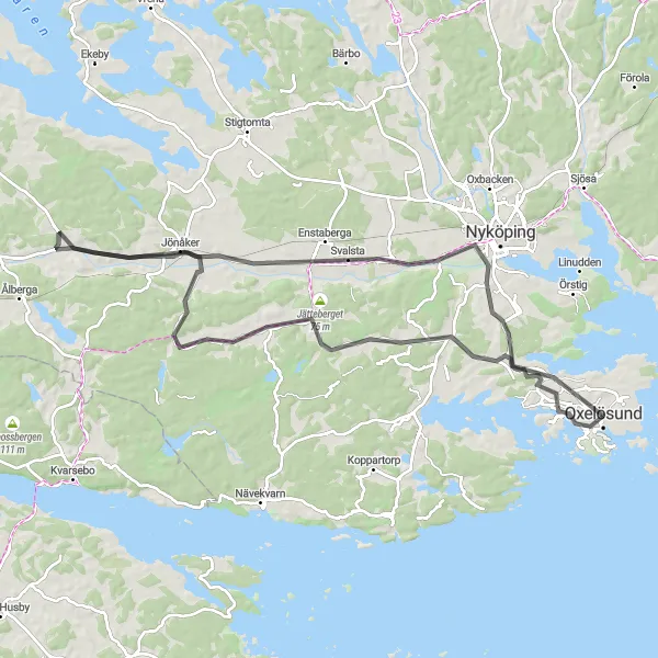 Kartminiatyr av "Jönåker till Stjärnholm" cykelinspiration i Östra Mellansverige, Sweden. Genererad av Tarmacs.app cykelruttplanerare