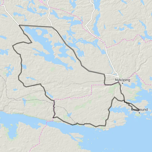 Map miniature of "Oxelösund Road Cycling Loop" cycling inspiration in Östra Mellansverige, Sweden. Generated by Tarmacs.app cycling route planner