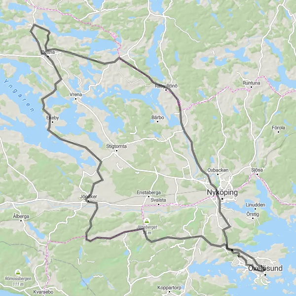 Map miniature of "Nyköping Countryside Road Cycling Route" cycling inspiration in Östra Mellansverige, Sweden. Generated by Tarmacs.app cycling route planner