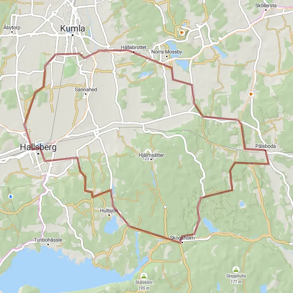 Kartminiatyr av "Grusvägar och Skogaholm Cykeltur" cykelinspiration i Östra Mellansverige, Sweden. Genererad av Tarmacs.app cykelruttplanerare