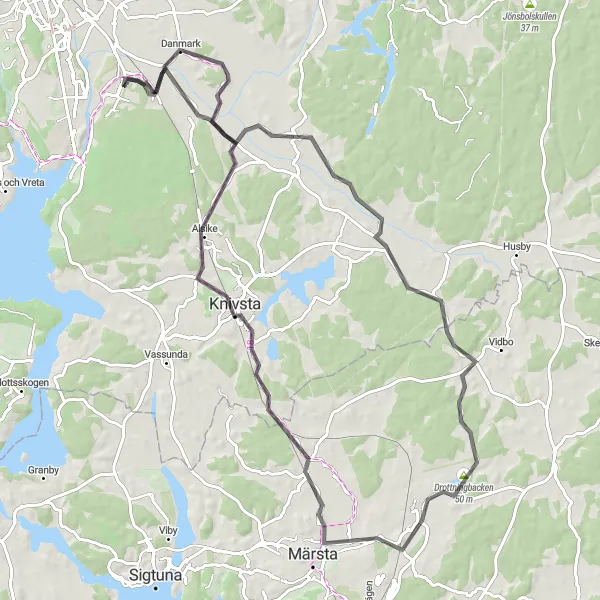 Map miniature of "Sävja to Knivsta Loop" cycling inspiration in Östra Mellansverige, Sweden. Generated by Tarmacs.app cycling route planner