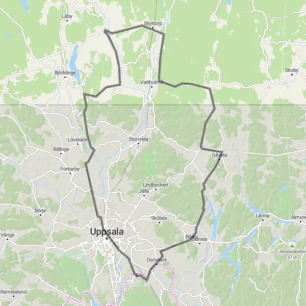 Map miniature of "Uppsala and Beyond" cycling inspiration in Östra Mellansverige, Sweden. Generated by Tarmacs.app cycling route planner