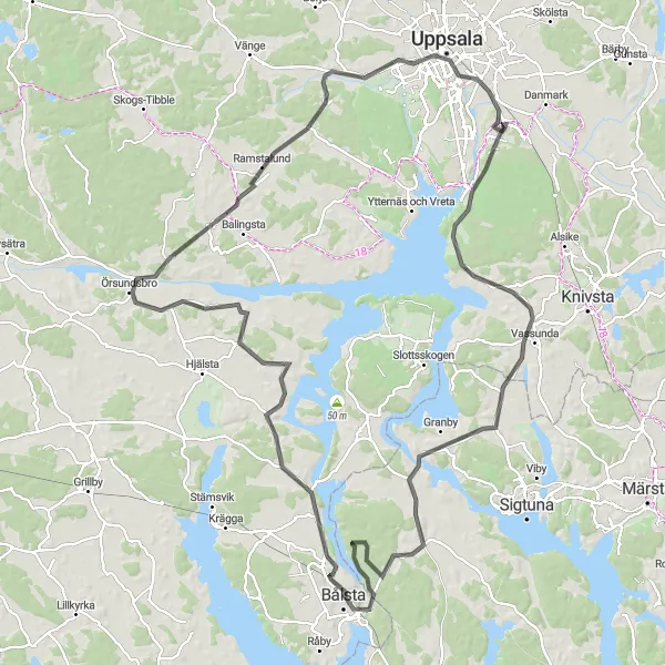 Map miniature of "Sävja to Uppsala Castle and Beyond" cycling inspiration in Östra Mellansverige, Sweden. Generated by Tarmacs.app cycling route planner