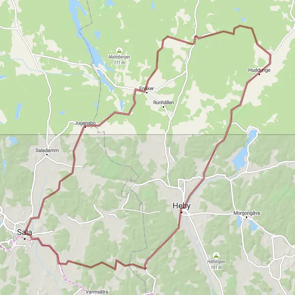 Map miniature of "Heby Gravel Adventure" cycling inspiration in Östra Mellansverige, Sweden. Generated by Tarmacs.app cycling route planner