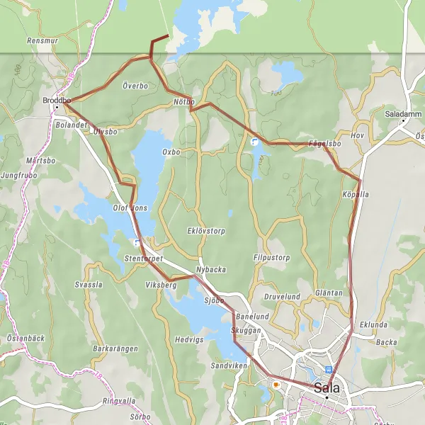 Map miniature of "Sala of Gravel" cycling inspiration in Östra Mellansverige, Sweden. Generated by Tarmacs.app cycling route planner