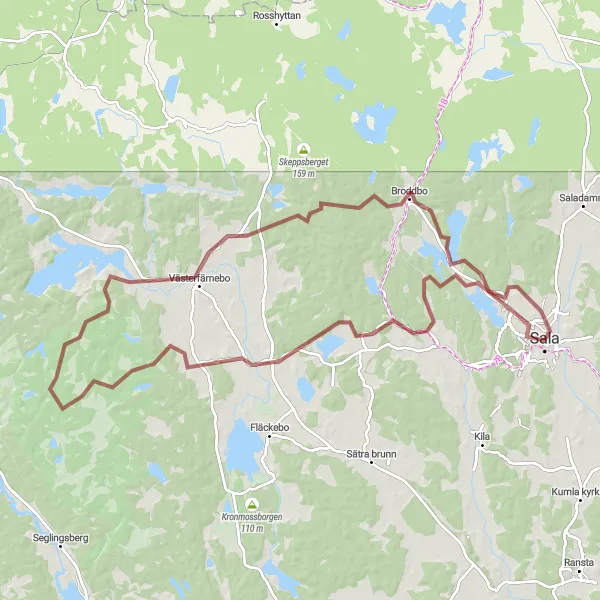 Map miniature of "Västerfärnebo Gravel Loop" cycling inspiration in Östra Mellansverige, Sweden. Generated by Tarmacs.app cycling route planner