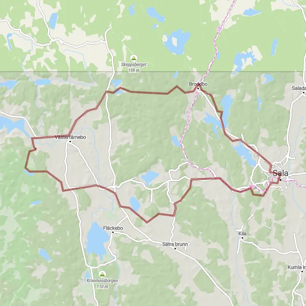 Map miniature of "Sala Gravel Loop" cycling inspiration in Östra Mellansverige, Sweden. Generated by Tarmacs.app cycling route planner