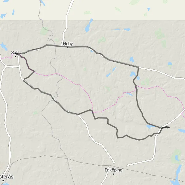 Map miniature of "Heby and Sala Circuit" cycling inspiration in Östra Mellansverige, Sweden. Generated by Tarmacs.app cycling route planner