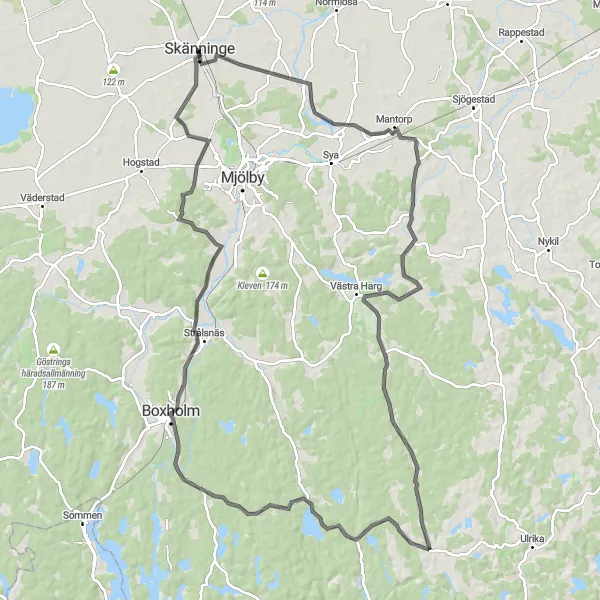 Map miniature of "Skänninge Circuit" cycling inspiration in Östra Mellansverige, Sweden. Generated by Tarmacs.app cycling route planner