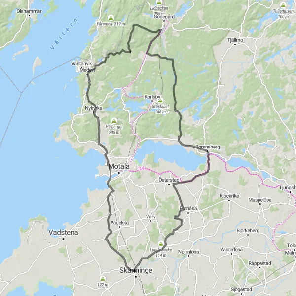 Map miniature of "Skänninge to Borensberg" cycling inspiration in Östra Mellansverige, Sweden. Generated by Tarmacs.app cycling route planner