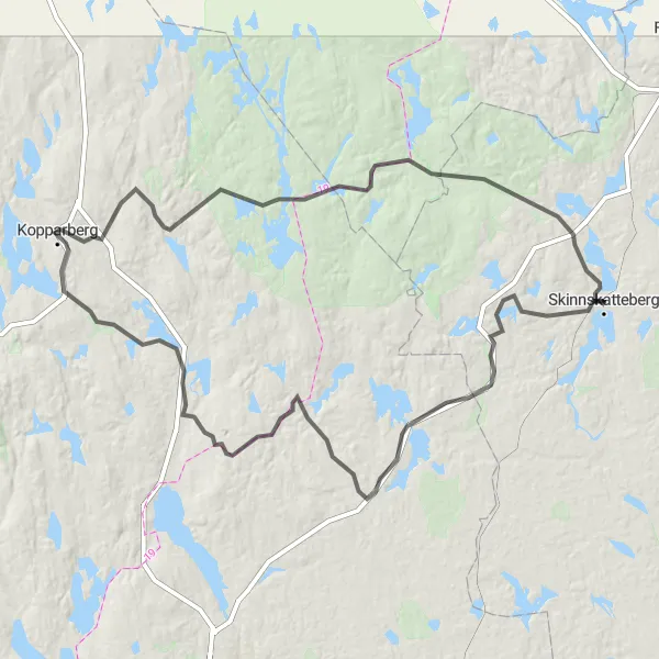 Kartminiatyr av "Mellan skogar och berg" cykelinspiration i Östra Mellansverige, Sweden. Genererad av Tarmacs.app cykelruttplanerare