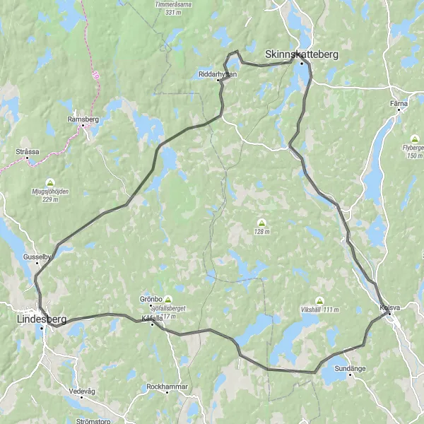 Kartminiatyr av "Äventyrsfylld cykeltur från Skinnskatteberg till Riddarhyttan" cykelinspiration i Östra Mellansverige, Sweden. Genererad av Tarmacs.app cykelruttplanerare