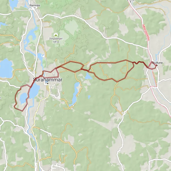 Kartminiatyr av "Äventyrlig grusrunda genom Västsura och Surahammar" cykelinspiration i Östra Mellansverige, Sweden. Genererad av Tarmacs.app cykelruttplanerare