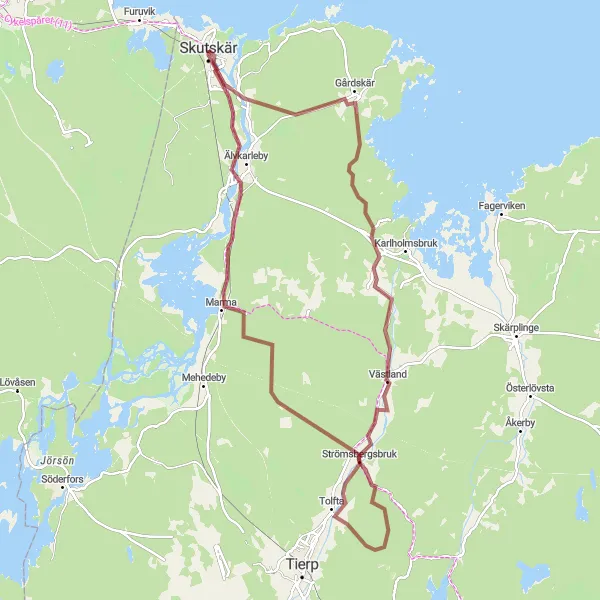 Map miniature of "Västland to Marma Gravel Circuit" cycling inspiration in Östra Mellansverige, Sweden. Generated by Tarmacs.app cycling route planner
