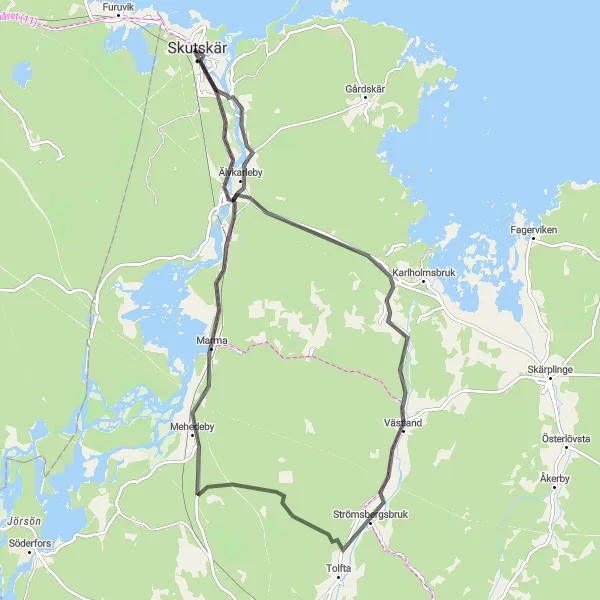 Kartminiatyr av "Skutskär - Mehedeby - Västland - Folkets Hus" cykelinspiration i Östra Mellansverige, Sweden. Genererad av Tarmacs.app cykelruttplanerare