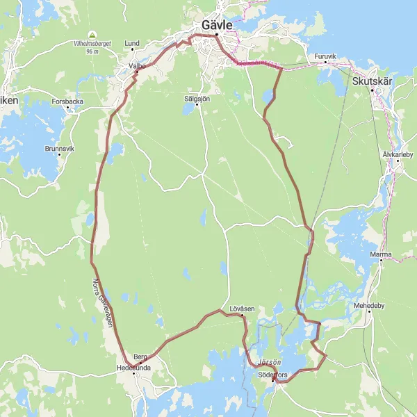 Map miniature of "Hedesunda and Valbo Gravel Adventure" cycling inspiration in Östra Mellansverige, Sweden. Generated by Tarmacs.app cycling route planner