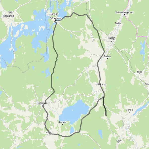 Map miniature of "Söderfors and Harbo Loop" cycling inspiration in Östra Mellansverige, Sweden. Generated by Tarmacs.app cycling route planner