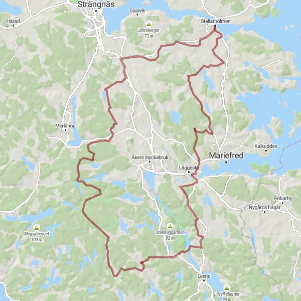 Kartminiatyr av "Äventyrliga grusvägar nära Stallarholmen" cykelinspiration i Östra Mellansverige, Sweden. Genererad av Tarmacs.app cykelruttplanerare