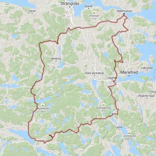 Map miniature of "Challenging Gravel Route to Mora gård" cycling inspiration in Östra Mellansverige, Sweden. Generated by Tarmacs.app cycling route planner