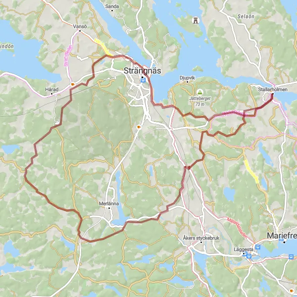 Map miniature of "Gravel Ride to Näsbyholm" cycling inspiration in Östra Mellansverige, Sweden. Generated by Tarmacs.app cycling route planner