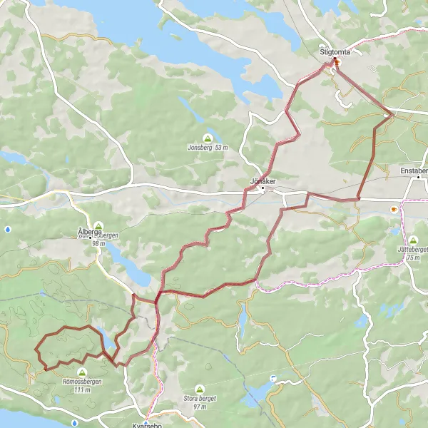 Map miniature of "Stigtomta to Römossbergen Gravel Adventure" cycling inspiration in Östra Mellansverige, Sweden. Generated by Tarmacs.app cycling route planner