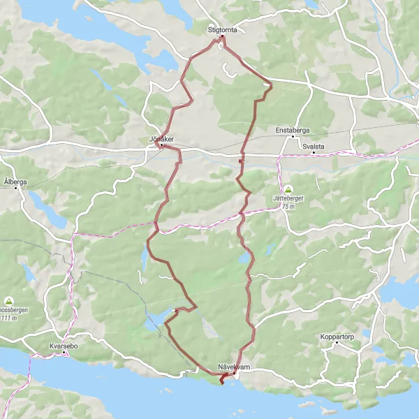 Map miniature of "Stigtomta to Jönåker Gravel Route" cycling inspiration in Östra Mellansverige, Sweden. Generated by Tarmacs.app cycling route planner