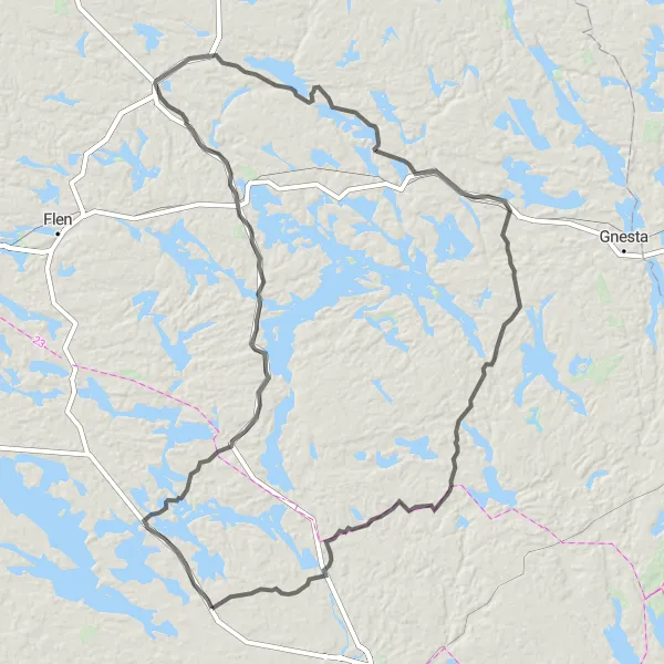 Map miniature of "Vrena-Malmköping-Misteln-Björnlunda-Runtuna Round Trip" cycling inspiration in Östra Mellansverige, Sweden. Generated by Tarmacs.app cycling route planner