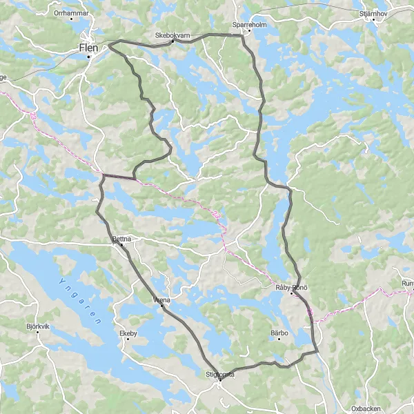 Map miniature of "Vrena-Skebokvarn-Spikstenen Round Trip" cycling inspiration in Östra Mellansverige, Sweden. Generated by Tarmacs.app cycling route planner