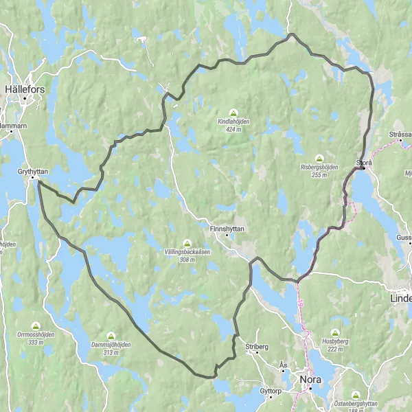 Map miniature of "Challenging Road Cycling Adventure from Storå to Stjärnfors" cycling inspiration in Östra Mellansverige, Sweden. Generated by Tarmacs.app cycling route planner