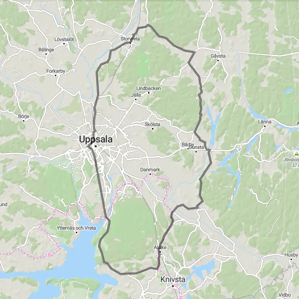 Map miniature of "Vallby-Lagga-Krusenberg-Old Uppsala Loop" cycling inspiration in Östra Mellansverige, Sweden. Generated by Tarmacs.app cycling route planner