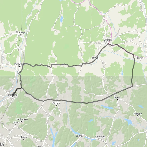 Map miniature of "Storvreta-Kyrkbyn-Vallby Loop" cycling inspiration in Östra Mellansverige, Sweden. Generated by Tarmacs.app cycling route planner