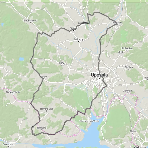 Map miniature of "The Old Uppsala Challenge" cycling inspiration in Östra Mellansverige, Sweden. Generated by Tarmacs.app cycling route planner