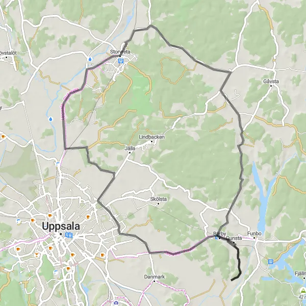 Map miniature of "Vallby-Bärby-Årsta Loop" cycling inspiration in Östra Mellansverige, Sweden. Generated by Tarmacs.app cycling route planner