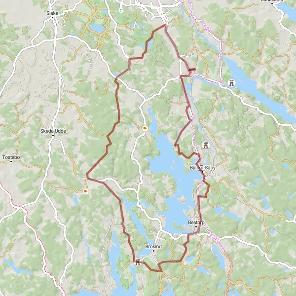 Map miniature of "Gravel Adventure to Bjärka-Säby" cycling inspiration in Östra Mellansverige, Sweden. Generated by Tarmacs.app cycling route planner
