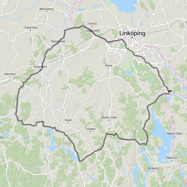 Map miniature of "Scenic Road Cycling Route to Skogsberg and Malmslätt" cycling inspiration in Östra Mellansverige, Sweden. Generated by Tarmacs.app cycling route planner