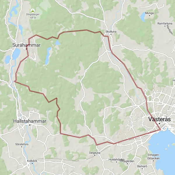 Map miniature of "The Gravel Adventure" cycling inspiration in Östra Mellansverige, Sweden. Generated by Tarmacs.app cycling route planner