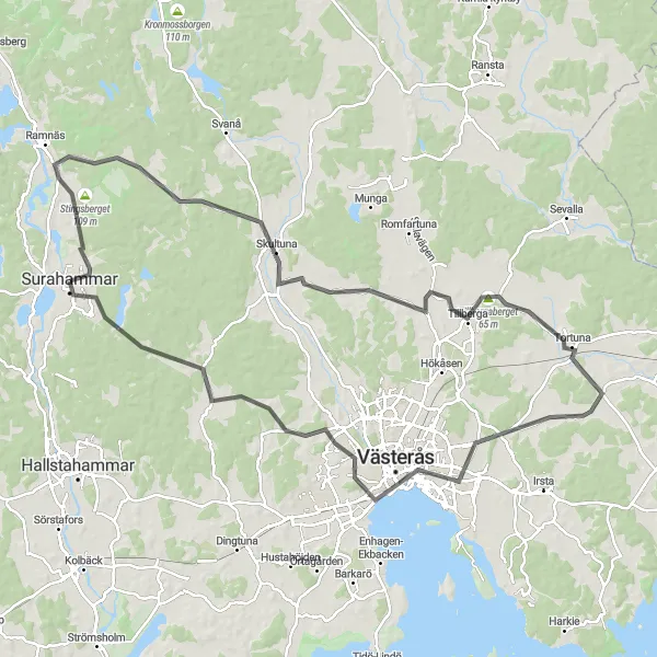 Map miniature of "Västerås Road Adventure" cycling inspiration in Östra Mellansverige, Sweden. Generated by Tarmacs.app cycling route planner