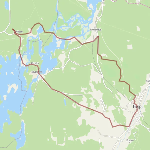 Kartminiatyr av "Tierp till Mehedeby via Söderfors" cykelinspiration i Östra Mellansverige, Sweden. Genererad av Tarmacs.app cykelruttplanerare