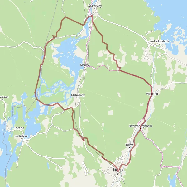 Kartminiatyr av "Grusvägar i Tierp" cykelinspiration i Östra Mellansverige, Sweden. Genererad av Tarmacs.app cykelruttplanerare