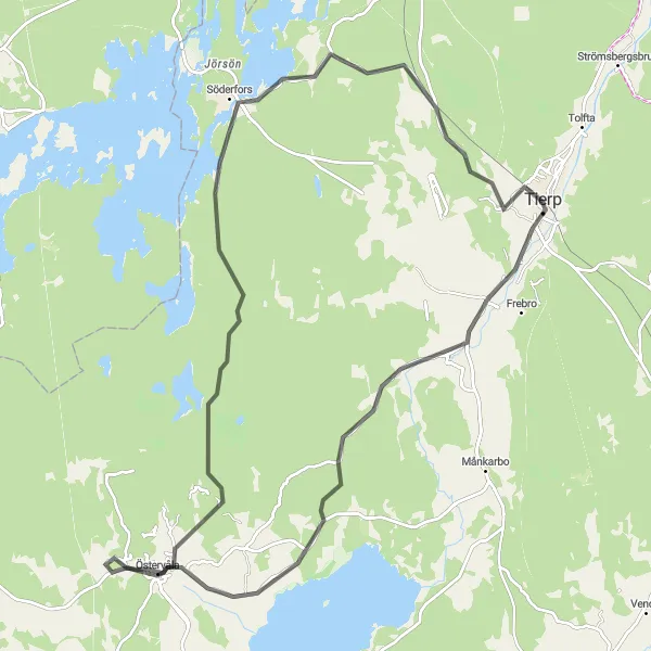 Kartminiatyr av "Tierp till Söderfors Road loop" cykelinspiration i Östra Mellansverige, Sweden. Genererad av Tarmacs.app cykelruttplanerare