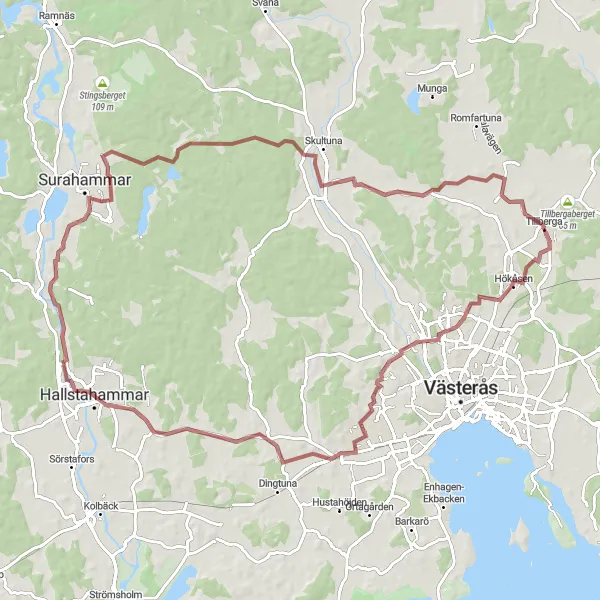 Map miniature of "Rugged Gravel Ride to Skultuna" cycling inspiration in Östra Mellansverige, Sweden. Generated by Tarmacs.app cycling route planner