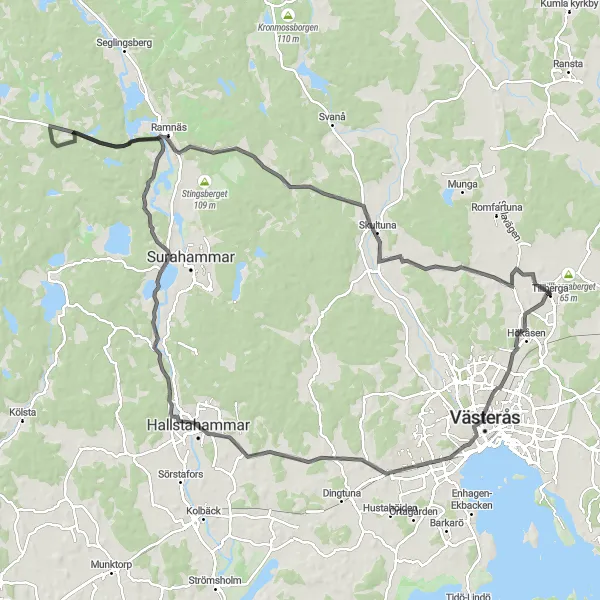 Map miniature of "Tillberga and Surrounding Villages" cycling inspiration in Östra Mellansverige, Sweden. Generated by Tarmacs.app cycling route planner
