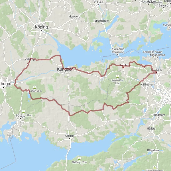 Map miniature of "Torshälla to Hedberget Loop" cycling inspiration in Östra Mellansverige, Sweden. Generated by Tarmacs.app cycling route planner