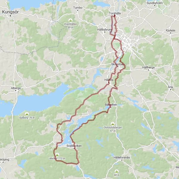 Map miniature of "Torshälla to Nybyberget Loop" cycling inspiration in Östra Mellansverige, Sweden. Generated by Tarmacs.app cycling route planner