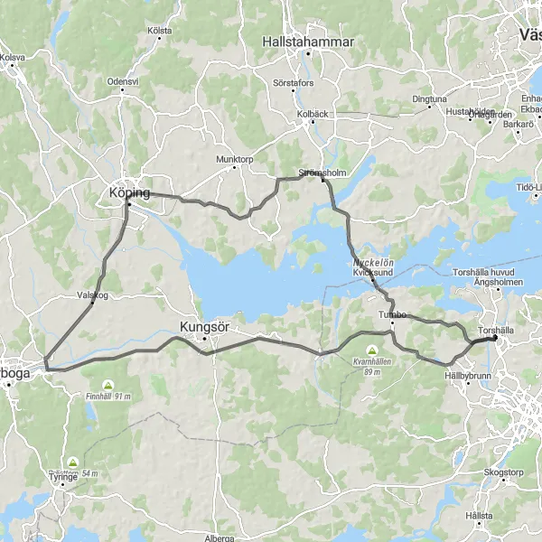 Map miniature of "Torshälla to Köping Road Trip" cycling inspiration in Östra Mellansverige, Sweden. Generated by Tarmacs.app cycling route planner