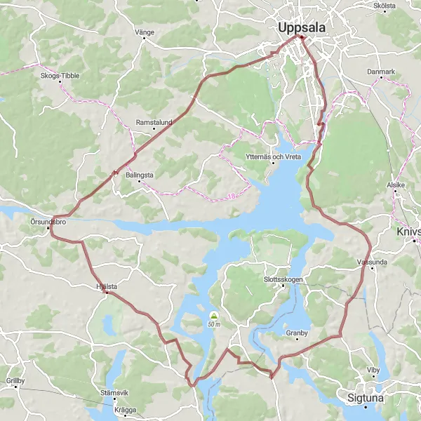 Map miniature of "Exploring Gravel Trails around Uppsala" cycling inspiration in Östra Mellansverige, Sweden. Generated by Tarmacs.app cycling route planner