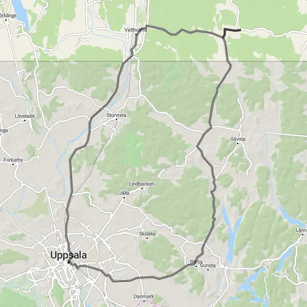 Kartminiatyr av "Historiska platser runt Uppsala" cykelinspiration i Östra Mellansverige, Sweden. Genererad av Tarmacs.app cykelruttplanerare