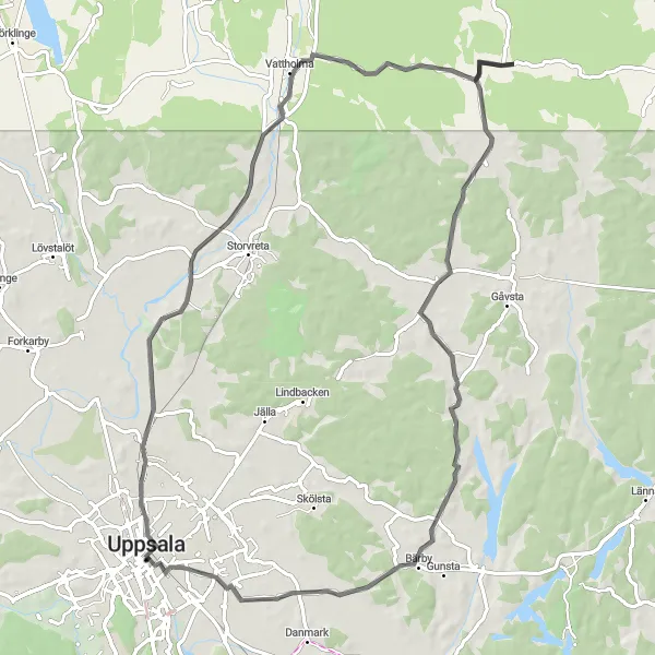 Map miniature of "Uppsala Road Tour" cycling inspiration in Östra Mellansverige, Sweden. Generated by Tarmacs.app cycling route planner